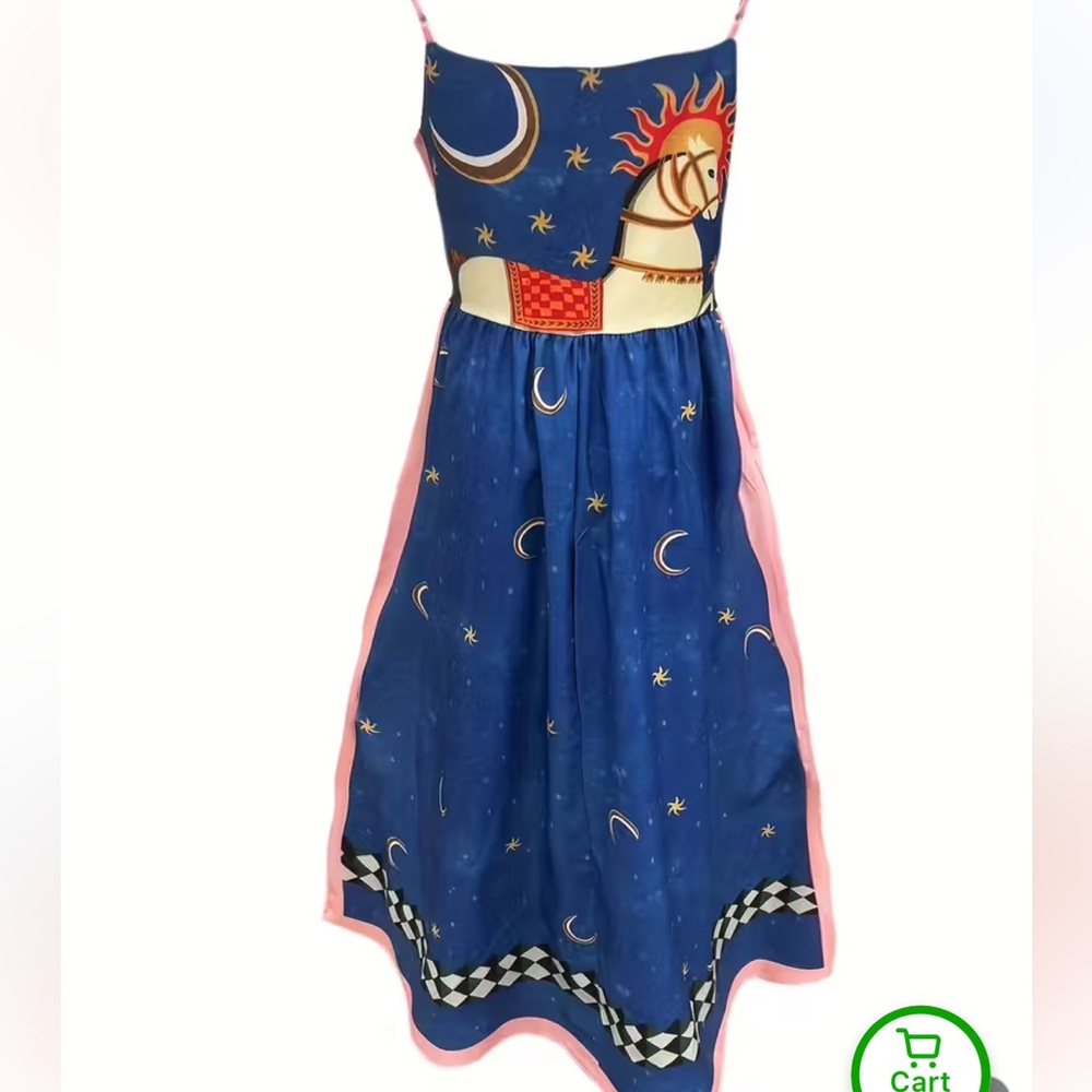 Colorful Geometric Late Night White Horse Print Spaghetti Suspender Dress - Picture 2 of 5